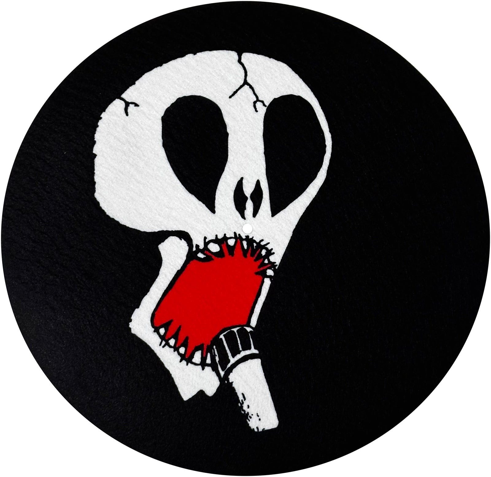 A stylized white skull with black eye sockets and cracks, featuring a red mouth biting a gray mic, evokes anarcho punk energy for Subhumans on a black circle background.