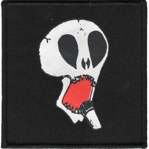 A patch by Subhumans features a white skull with large black eye sockets and an open mouth outlined in red on a black background—ideal as a punk or Skull logo patch.
