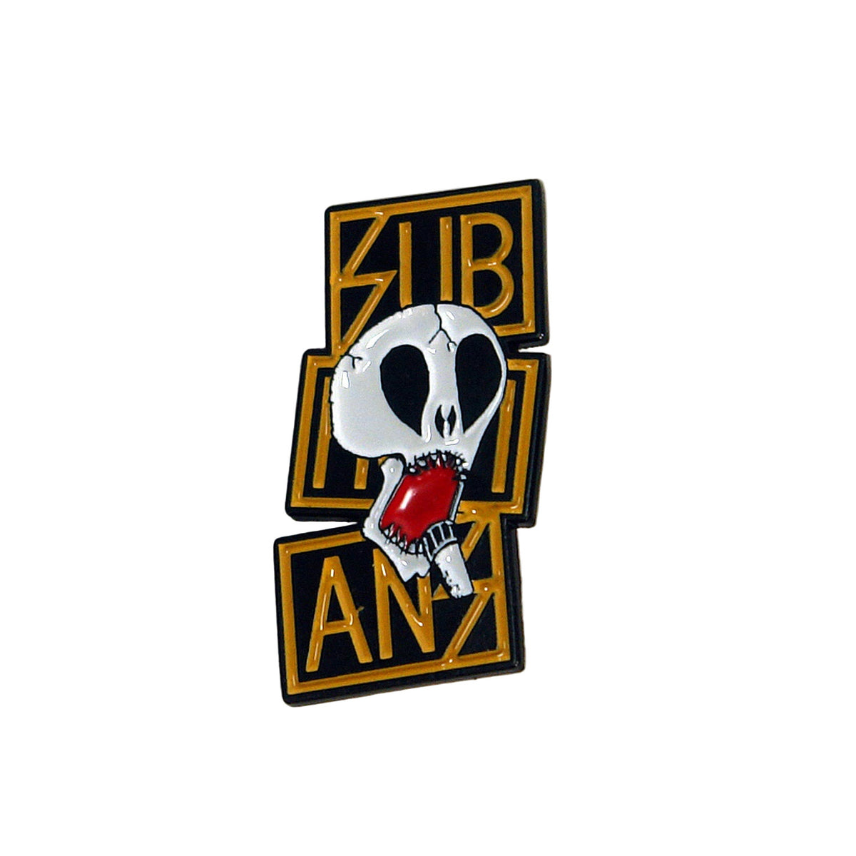 Enamel pin with a skull design and &#39;SUB ANZ&#39; text on a white background