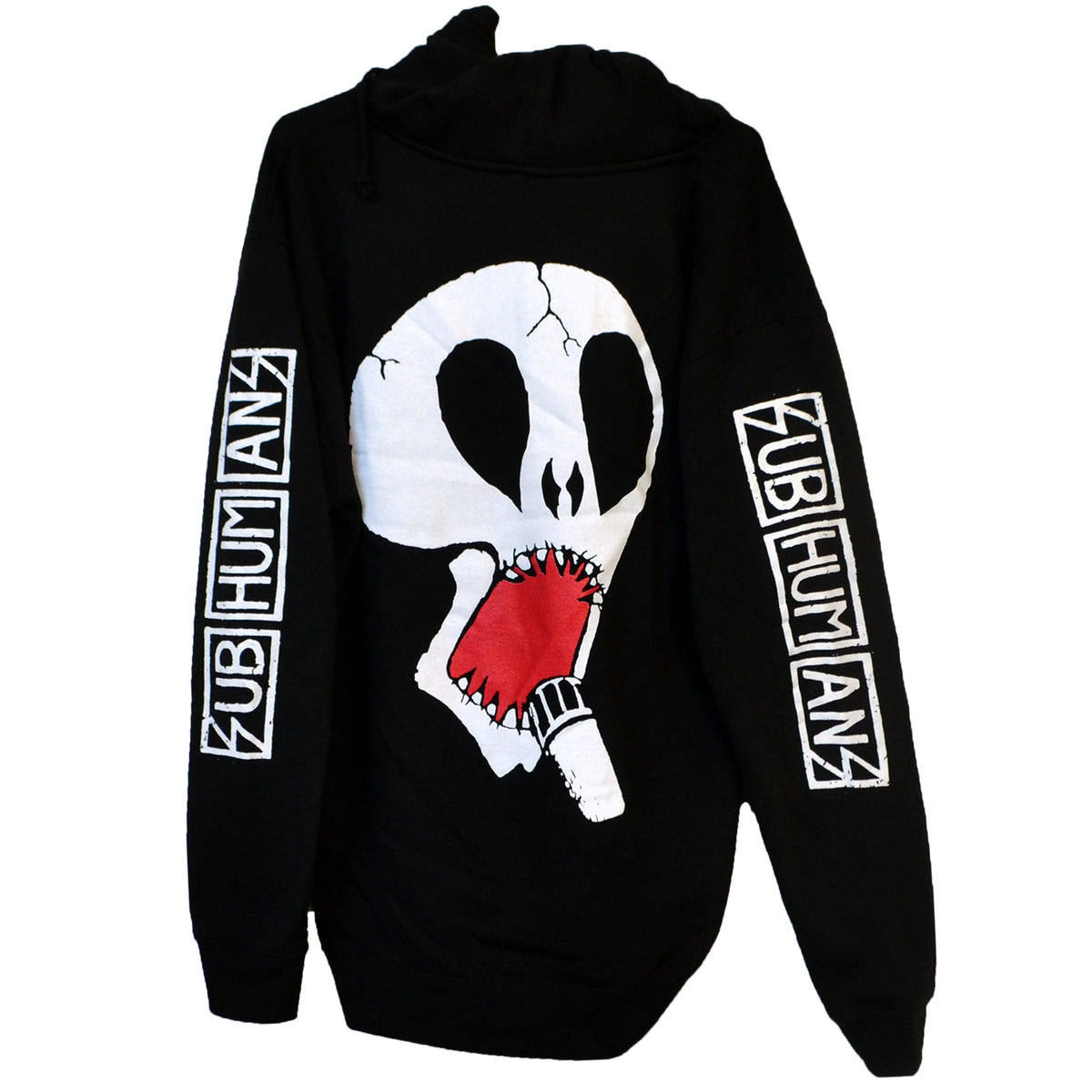 Subhumans Black Skull Logo zip-up hoodie featuring a cracked skull biting a cigarette on a red background. SUB HUM ANS prints in white run down both sleeves. Made for comfort and style on the Independent IND4500Z sweatshirt base.