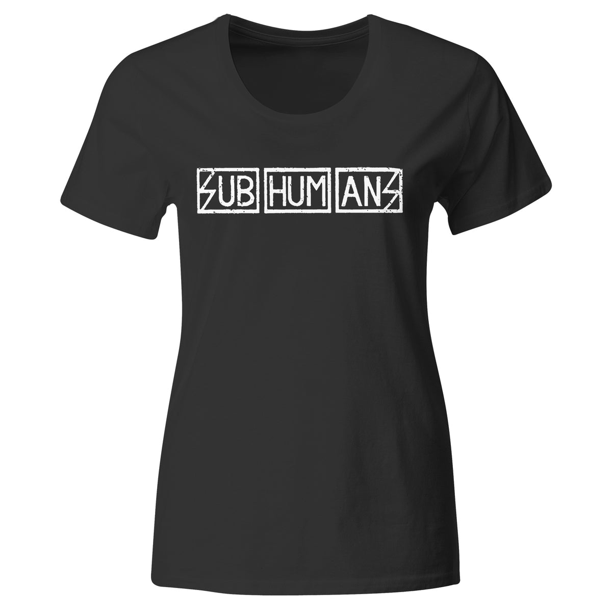 Black fitted shirt by Subhumans with SUBHUMANS in white, each letter in its own outlined box across the chest in a bold, distressed font. Ideal for fans of punk rock.