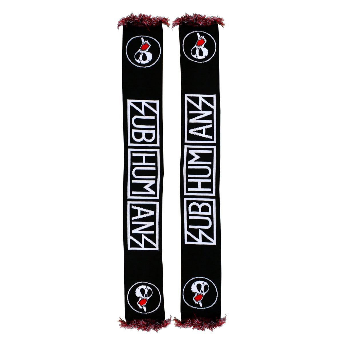 A black Subhumans scarf with red tassels, featuring white SUBHUMANZ text and two skull logos with red mohawks at each end. The Subhumans band logo is displayed mirrored side by side.
