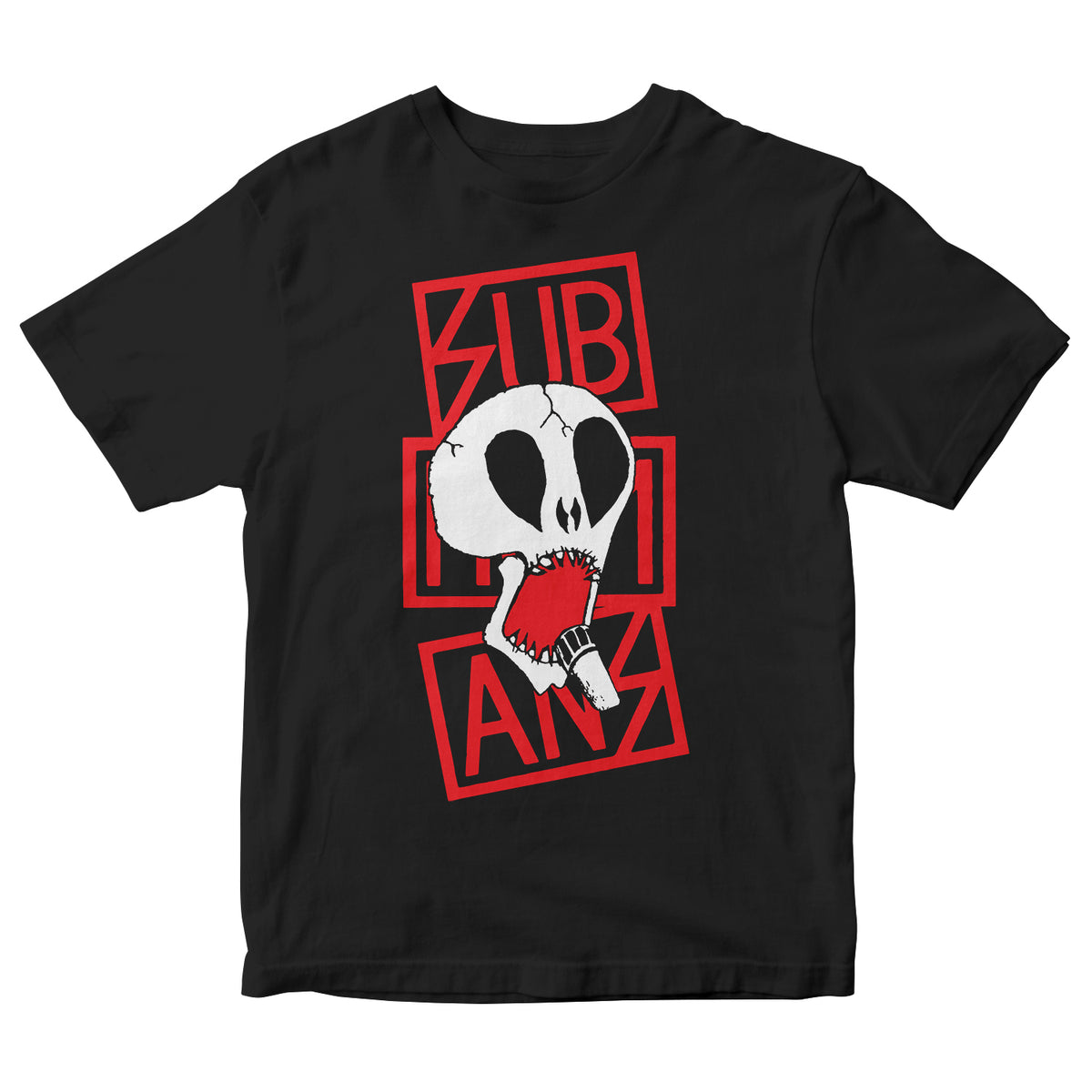 Black shirt featuring a white cartoon skull biting a red and black mic, framed by bold red boxes with SUB and HUMAN—a striking design inspired by Subhumans. Brand: Subhumans.