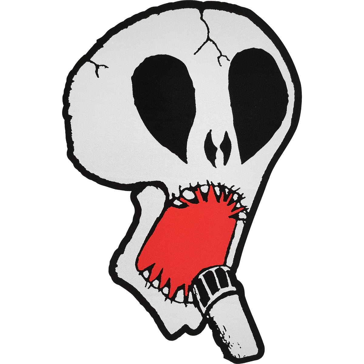The Subhumans woven patch features a cartoon white skull with large black eye sockets, forehead cracks, and a wide open red mouth singing into a gray-black microphone—ideal for fans of the band.