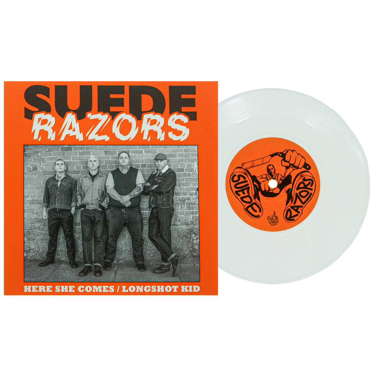 The image features a Suede Razors 7-inch vinyl record, titled "Here She Comes / Longshot Kid." The San Francisco punk band appears in black and white by a brick wall, with the white vinyl displayed next to the cover.