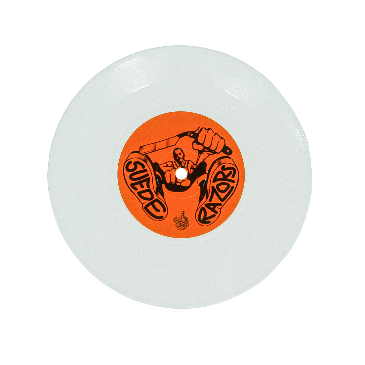 A white vinyl record with an orange center label and artwork of a hand holding a straight razor displays the bold Suede Razors branding, capturing this San Francisco punk band's retro rock ‘n’ roll vibe.