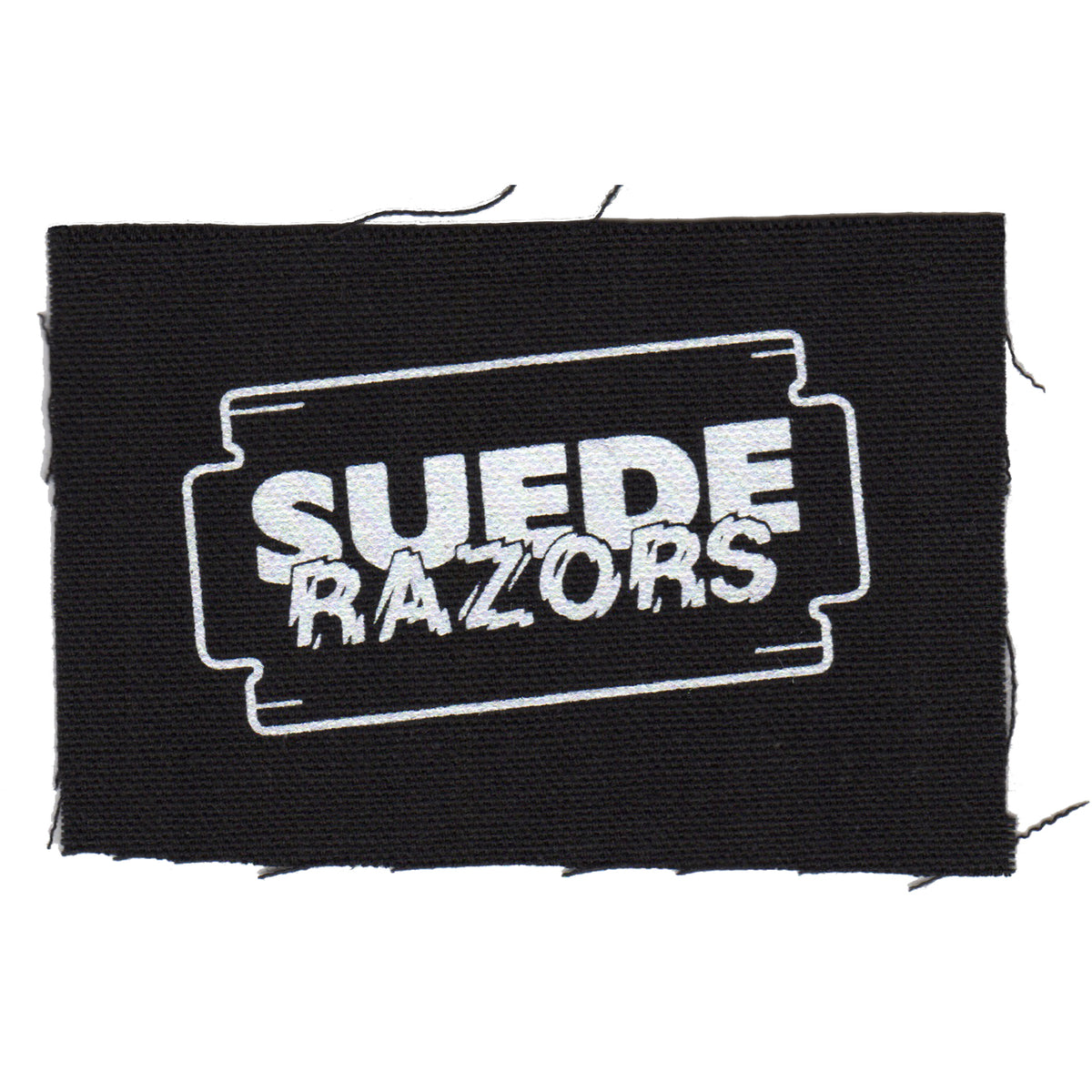 A black cloth patch featuring &quot;SUEDE RAZORS&quot; in bold white uppercase letters, framed by a white razor blade outline—the ideal screenprinted patch for any Suede Razors fan.