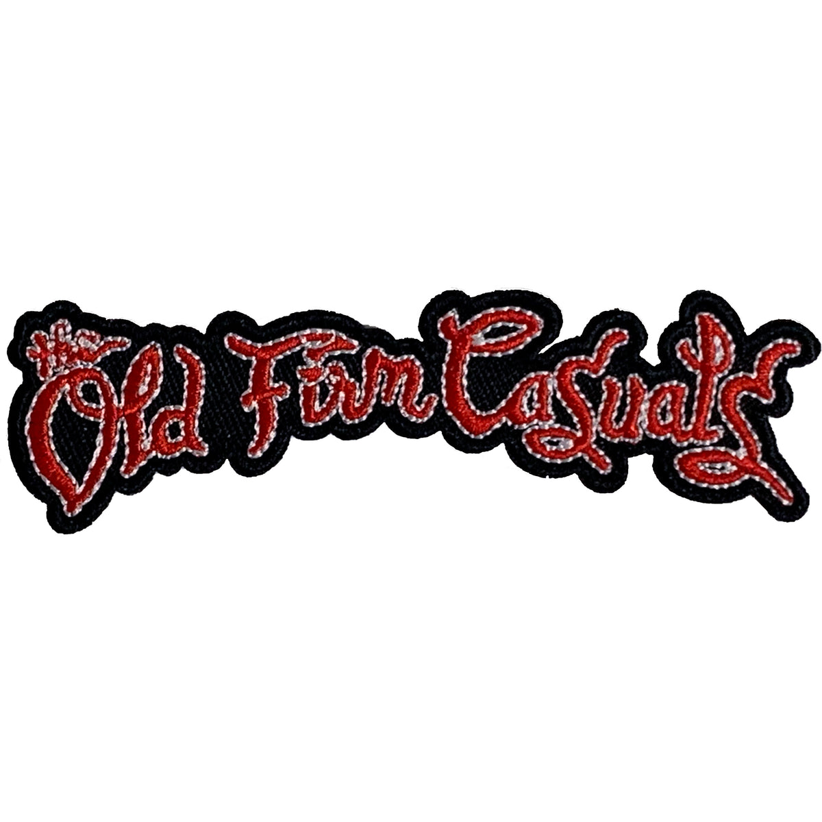 A bold red, cursive The Old Firm Casuals patch is outlined in white and black—perfect as an embroidered band logo patch for fans and collectors.