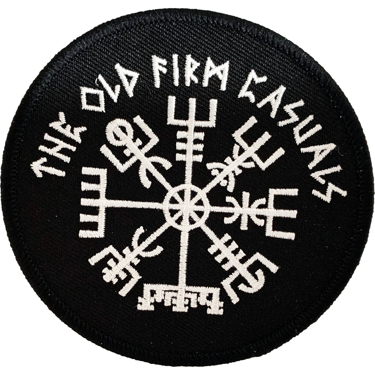 A black circular patch from The Old Firm Casuals, featuring a white Vegvisir (Viking compass) rune logo in the center and the band’s name arched stylishly at the top.