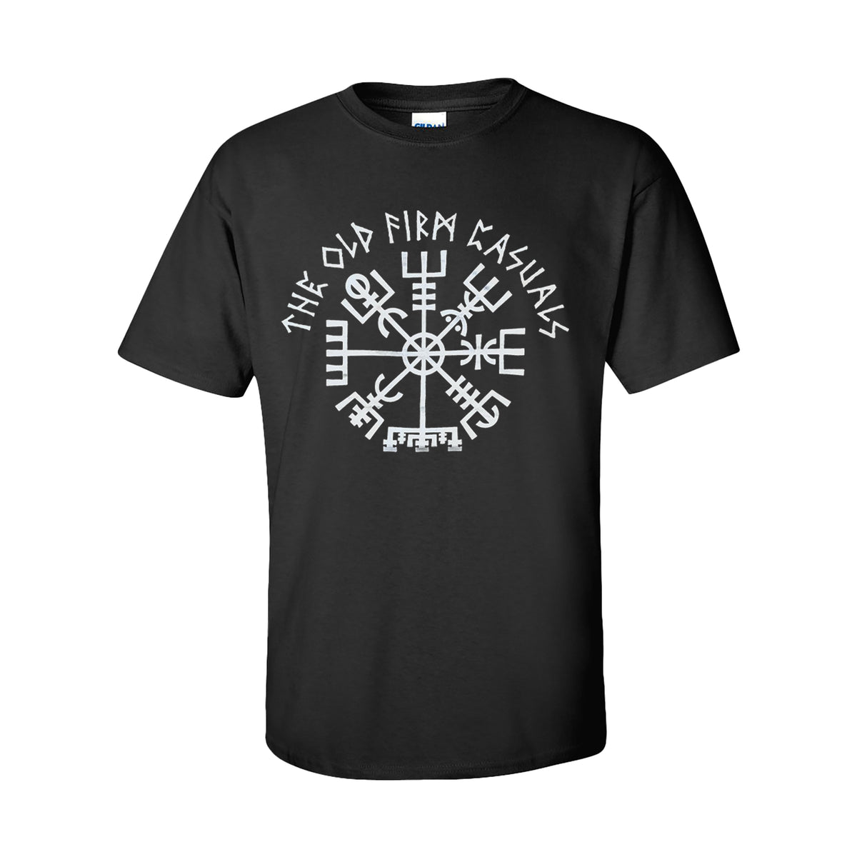 Black Gildan shirt by The Old Firm Casuals featuring a bold white Vegvisir compass and curved band name above—ideal for fans wanting iconic Norse-inspired style.