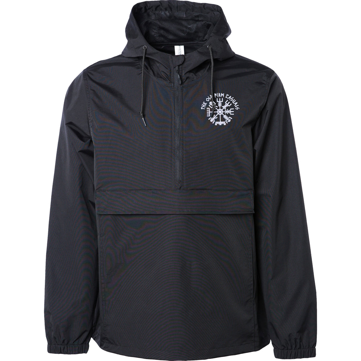This black windbreaker from The Old Firm Casuals features a hood, front half-zip, drawstrings, white circular logo on the upper left chest, large front pocket, and elastic cuffs—ideal for classic Old Firm Casuals style.