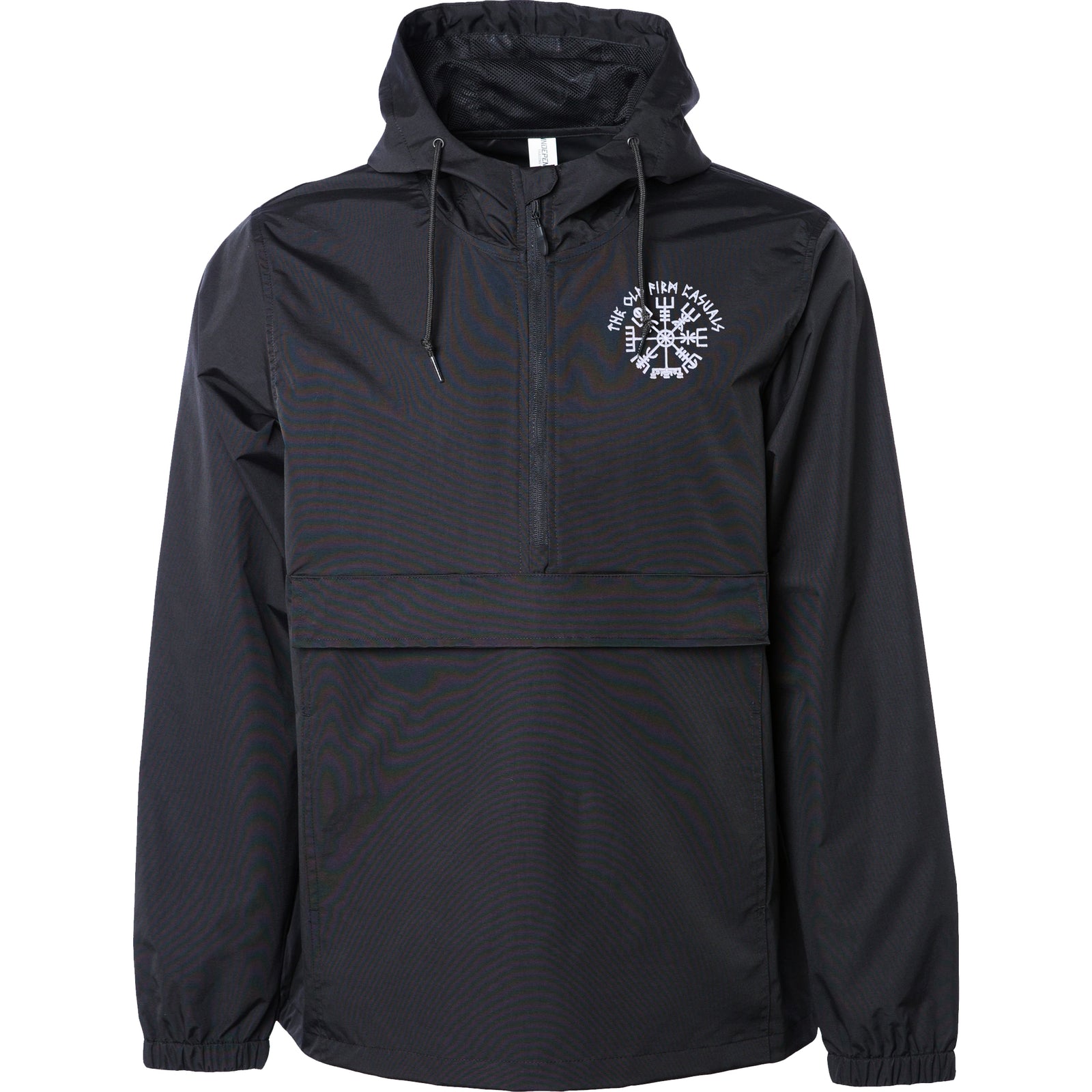 This black windbreaker from The Old Firm Casuals features a hood, front half-zip, drawstrings, white circular logo on the upper left chest, large front pocket, and elastic cuffs—ideal for classic Old Firm Casuals style.