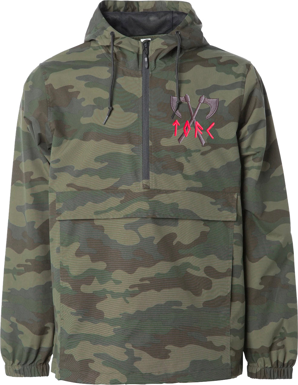 A hooded camouflage windbreaker from The Old Firm Casuals, this jacket has a half-zip front, two crossed axes with four red runic symbols on the chest, a large front pocket, and elastic cuffs.