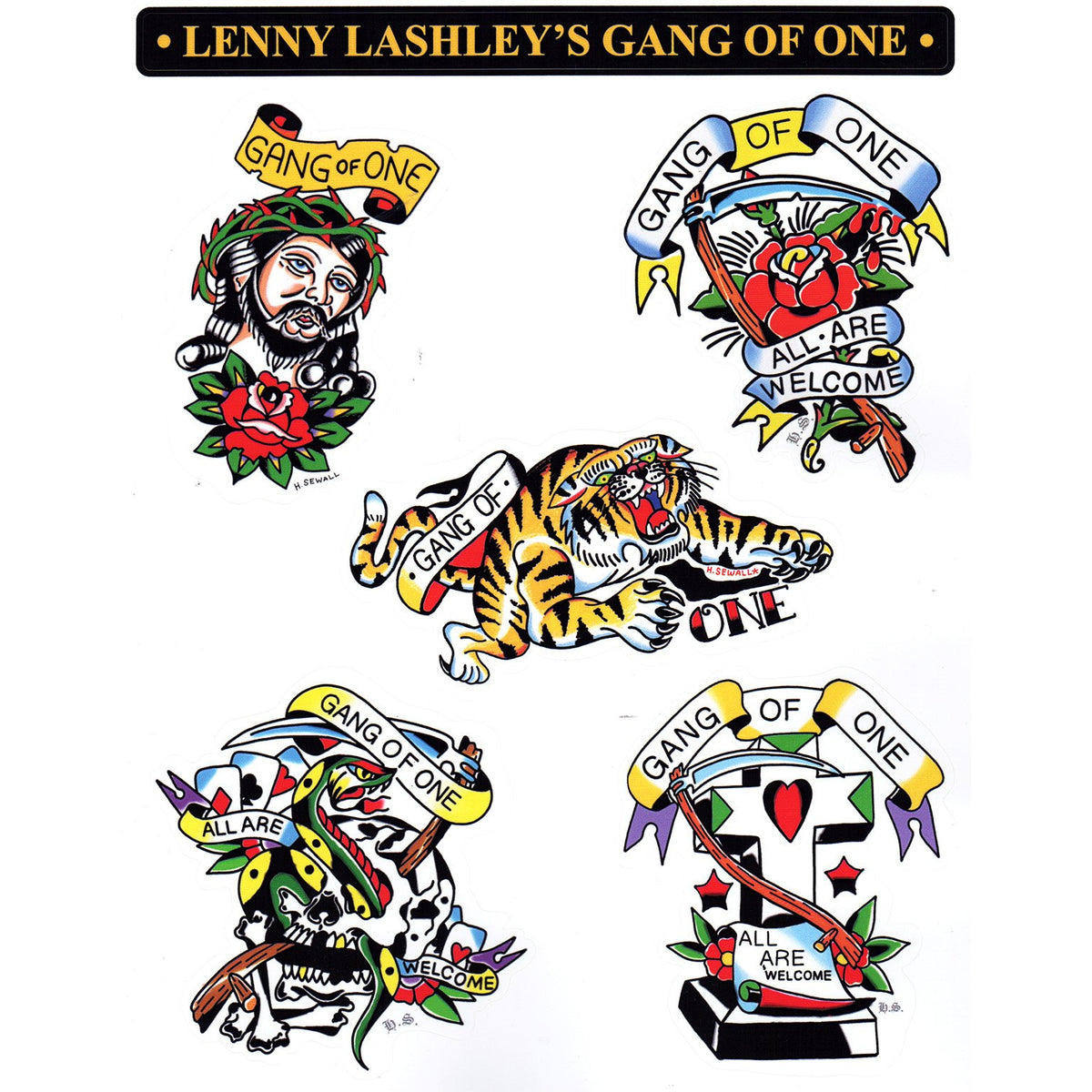 Tattoo flash sheet-style art for Lenny Lashley&#39;s Gang Of One, with classic images—Jesus head, tiger, skull, snake, and sword—plus banners reading &quot;Gang Of One&quot; and &quot;All Are Welcome.