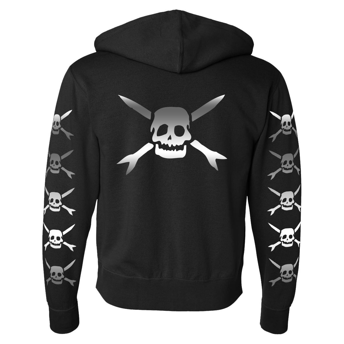 Black zipper hoodie by Teenage Bottlerocket featuring a large skull and crossed knives graphic on the back, repeating smaller skull and crossed knives on the sleeves, and a subtle silver logo detail.