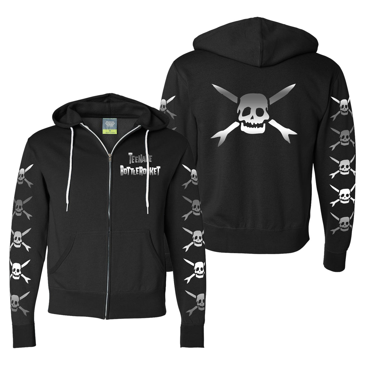 Teenage Bottlerocket black zipper hoodie with band logo on the chest, skull and crossbones graphics on each sleeve, a large skull and crossed bones on the back, and a silver logo accent for extra style.