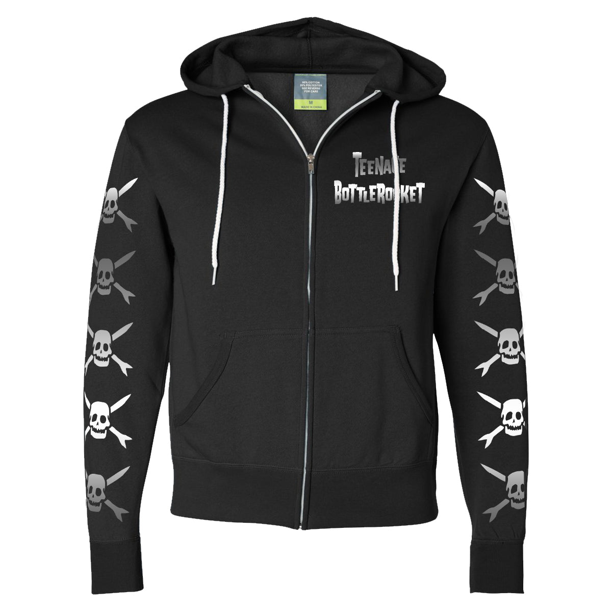 This black Teenage Bottlerocket zip hoodie features the band’s text on the left chest, white skull-and-crossbones along both sleeves, white drawstrings, a front pocket, and classic punk style.