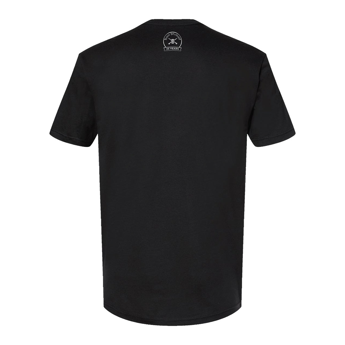 Black Teenage Bottlerocket short-sleeve T-shirt, shown from the back, features a small silver logo and "VIRTUE" near the upper neckline; the rest of the shirt is plain.