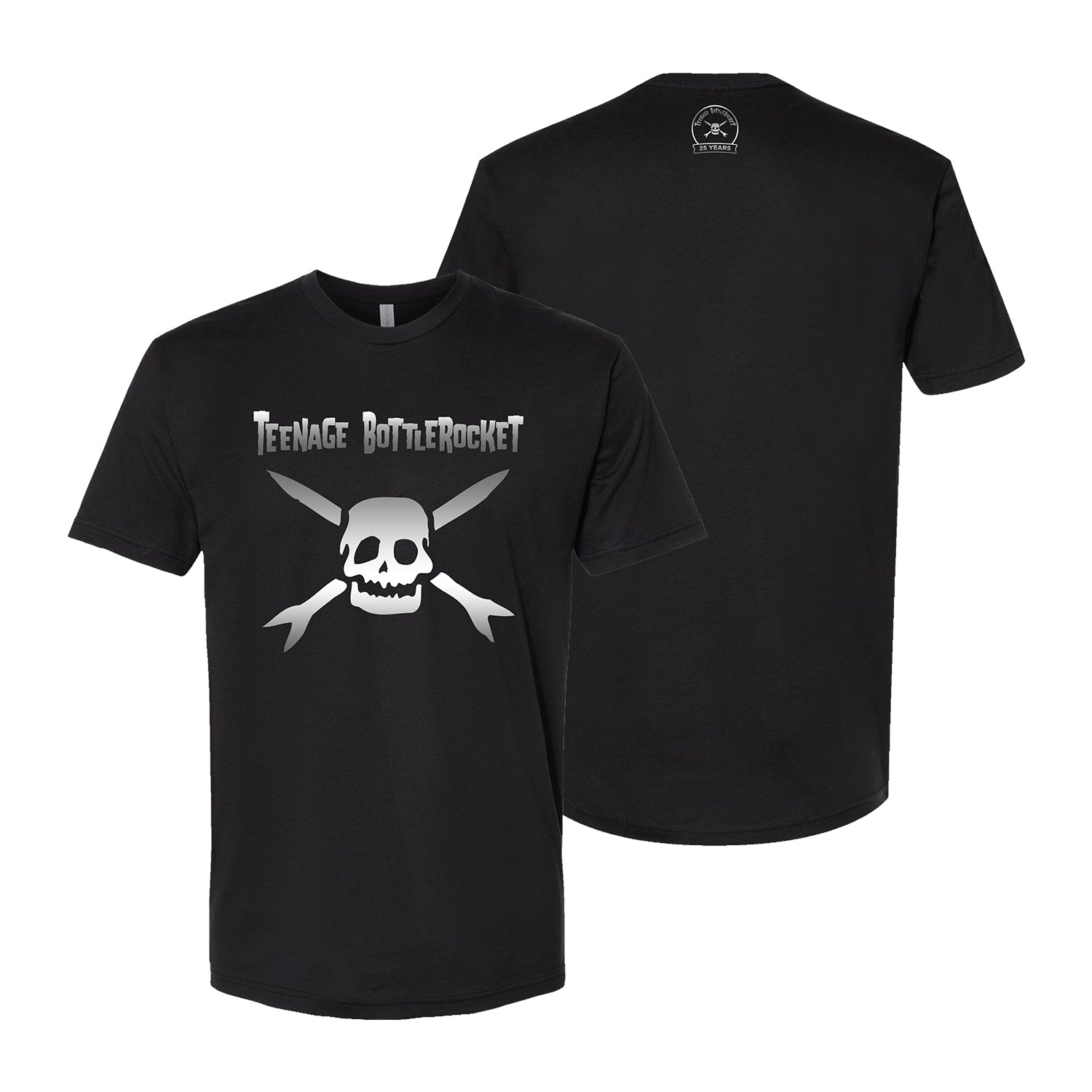 Teenage Bottlerocket Black T-shirt features a white skull and crossbones with band name on the front and a small silver logo near the neck on the back. Both sides of this Teenage Bottlerocket T-shirt are displayed.