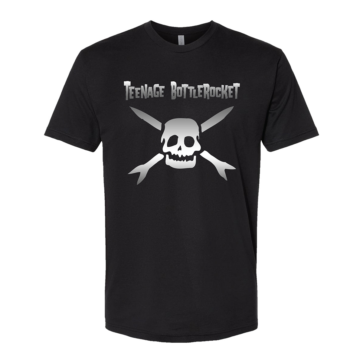 Black T-shirt by Teenage Bottlerocket featuring their text above a white skull and crossbones design, with the crossbones formed by two crossed rockets for a bold punk style.