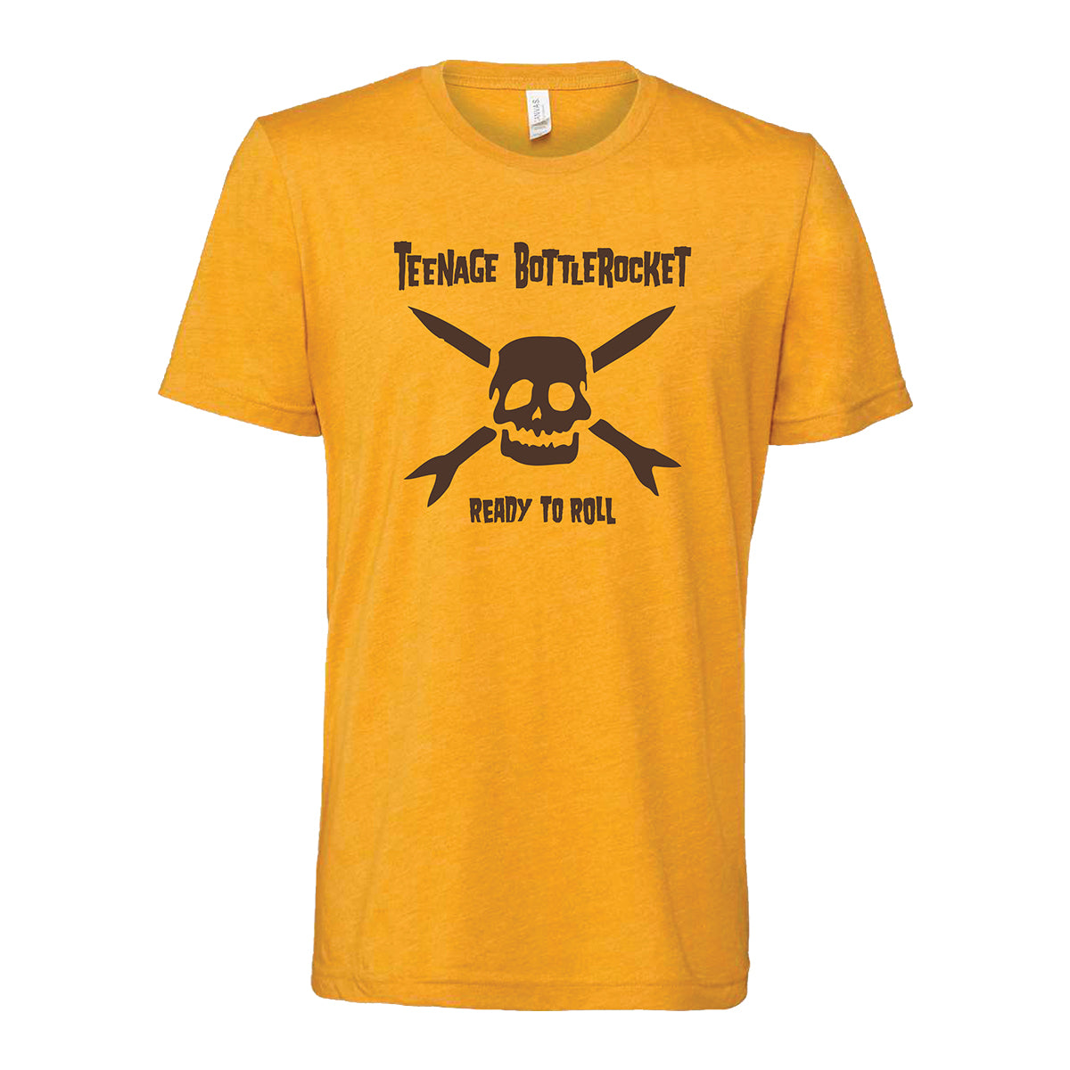 Gold T-shirt by Teenage Bottlerocket featuring a skull with two crossed rockets and bold black Ready to Roll text above and below the graphic.