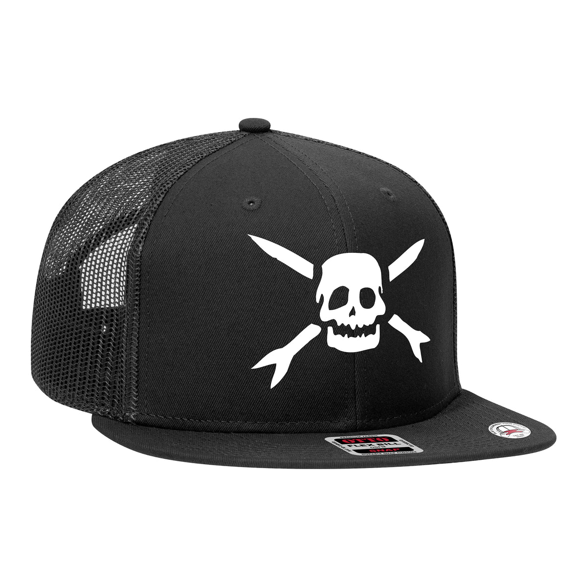 A black mesh-back snapback hat with a flat bill, featuring an embroidered white skull and crossed bones on the front, inspired by Teenage Bottlerocket.