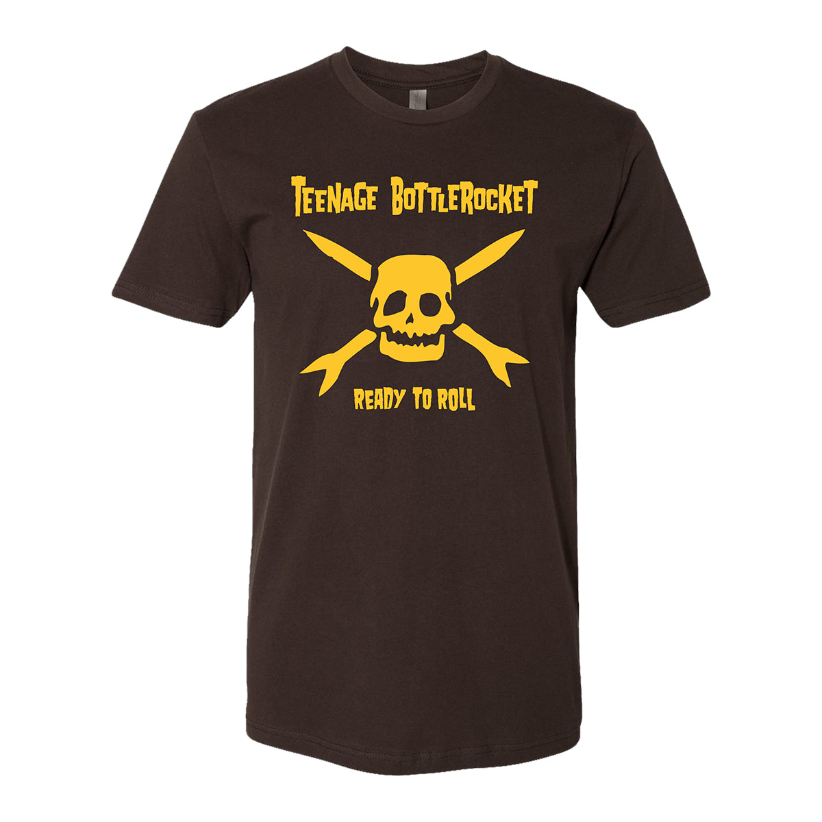 A black Teenage Bottlerocket T-shirt with yellow text above a skull and wrenches graphic, Ready to Roll below, printed on a premium Next Level 3600 tee.