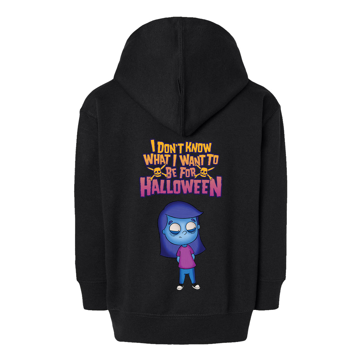 Black Halloween hoodie featuring a cartoon of a blue-skinned character in a purple shirt. Above the character, yellow and orange text reads, “I don’t know what I want to be for Halloween,” accented with small skull icons. Perfect as a youth zip sweatshirt or for fans looking for a fun Teenage Bottlerocket hoodie vibe.