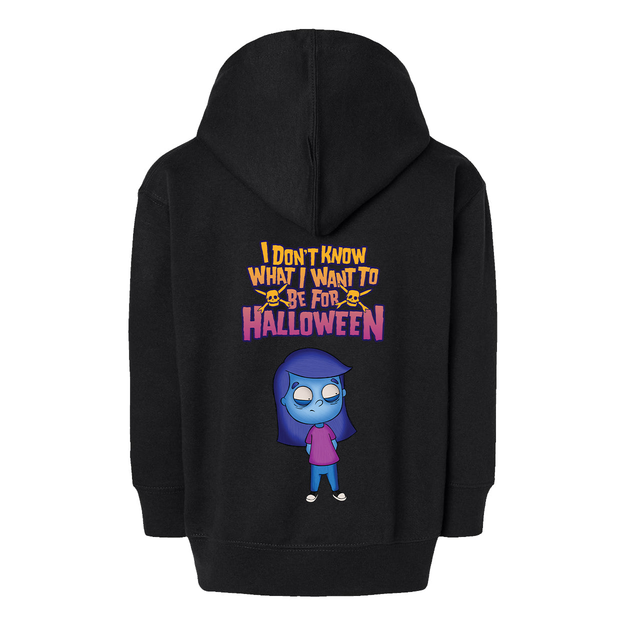 Black Halloween hoodie featuring a cartoon of a blue-skinned character in a purple shirt. Above the character, yellow and orange text reads, “I don’t know what I want to be for Halloween,” accented with small skull icons. Perfect as a youth zip sweatshirt or for fans looking for a fun Teenage Bottlerocket hoodie vibe.