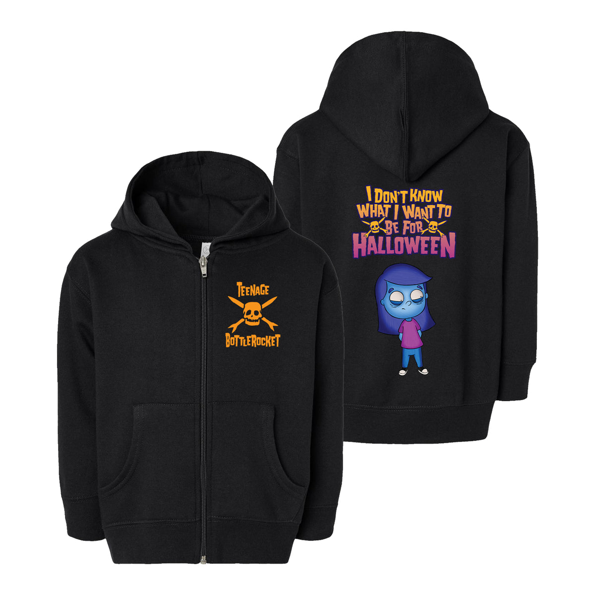 This Teenage Bottlerocket hoodie is the ultimate Halloween hoodie for fans of punk rock style. The black zip-up youth zip sweatshirt features the iconic Teenage Bottlerocket name and a skull on the front, while the back displays a colorful cartoon figure alongside the bold phrase, “I don’t know what I want to be for Halloween,” in vibrant yellow and purple.