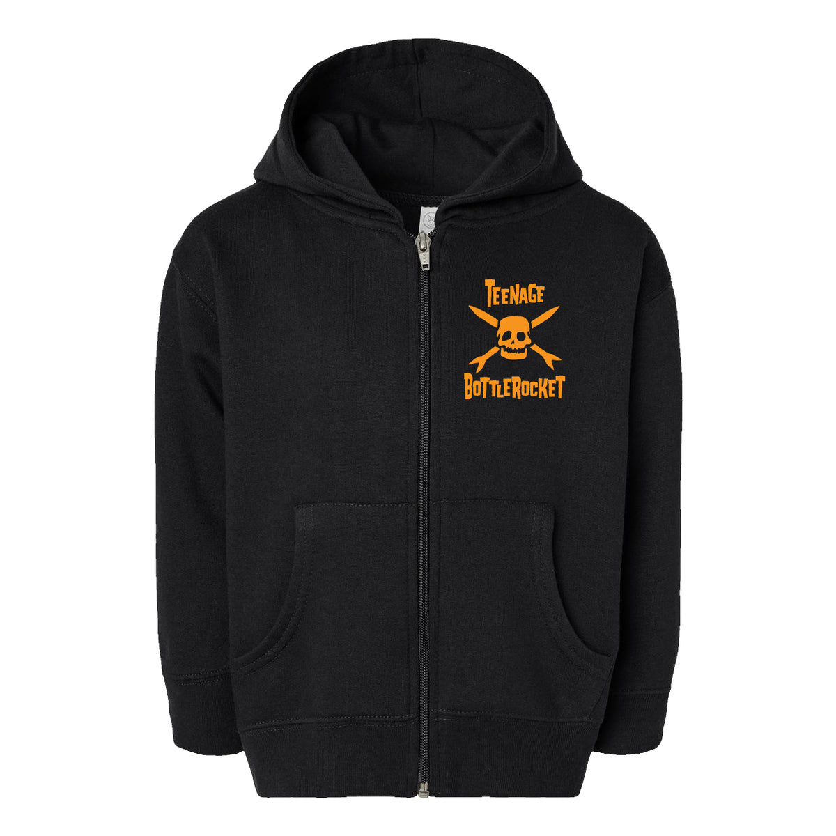 Black zip-up Teenage Bottlerocket hoodie with a hood and front pockets. An orange skull and crossbones graphic on the left chest, paired with the band’s name, gives this youth zip sweatshirt a bold Halloween hoodie vibe.