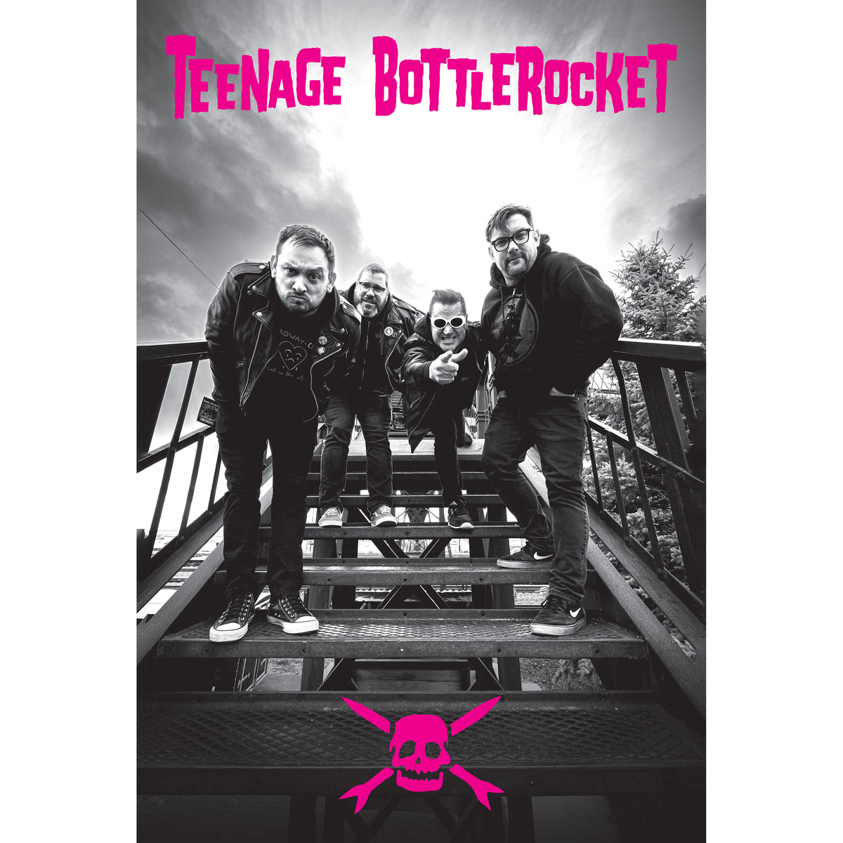 Teenage Bottlerocket poses on a metal staircase in a black-and-white photo with pink text and logo accents, presented here as band wall art.