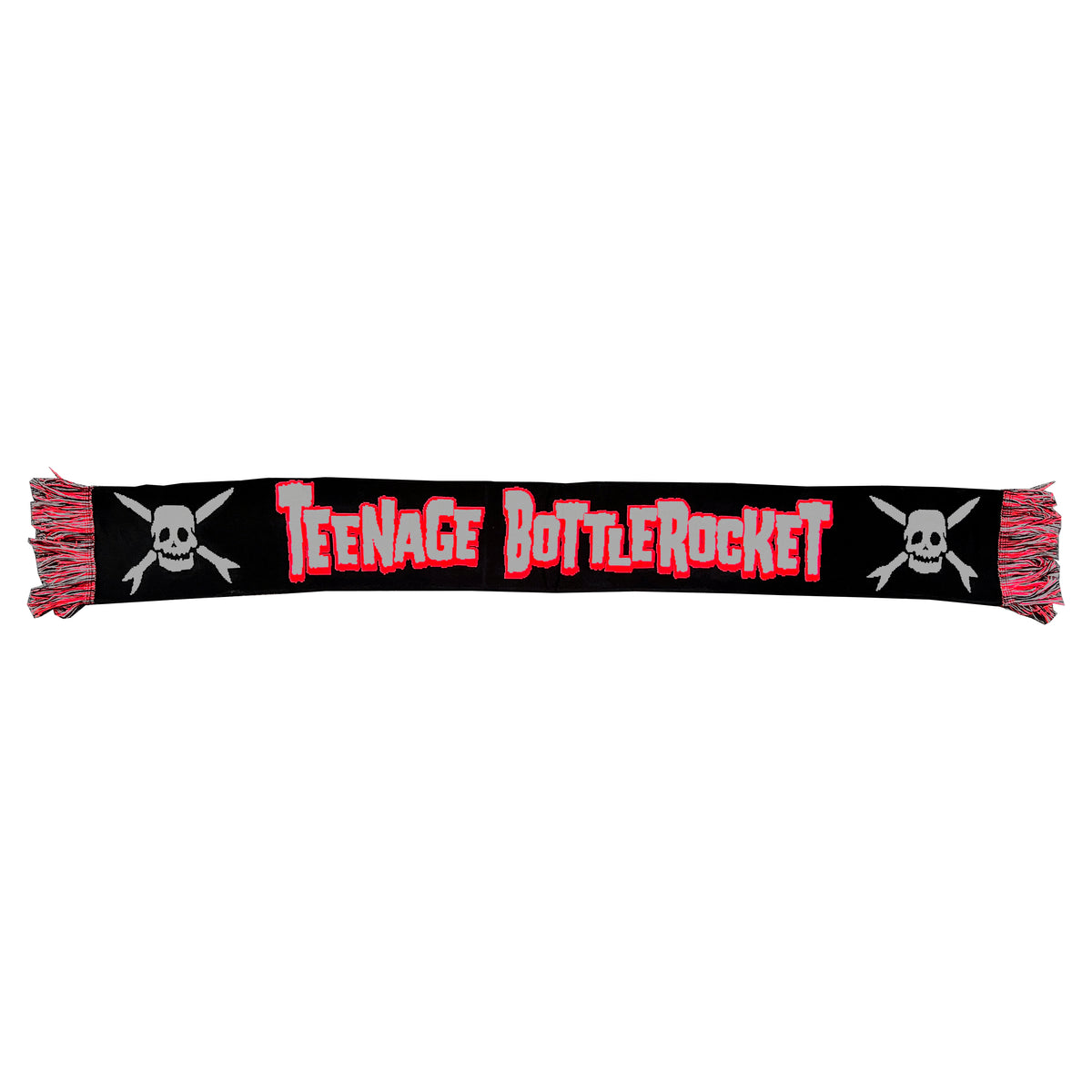 A black, grey, and red Teenage Bottlerocket logo scarf with red fringe features bold red and white lettering and white skull-and-crossbones designs on both ends.