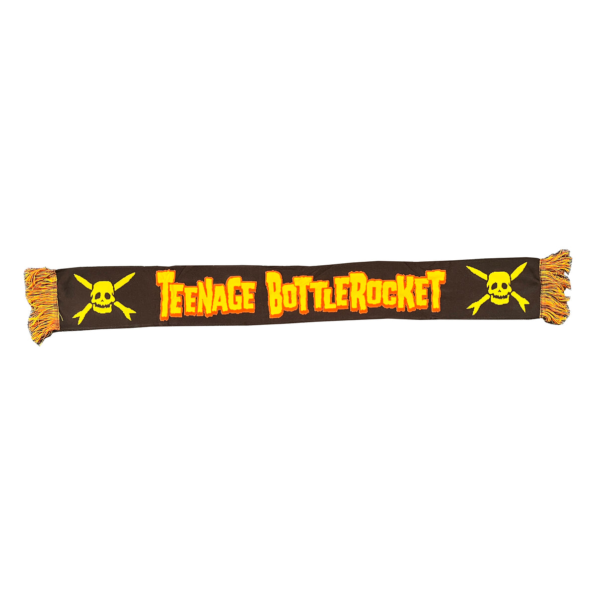 A black Teenage Bottlerocket Logo Scarf with yellow fringe, bold yellow and orange lettering, and yellow skull and crossbones at each end—ideal for fans of Brown Yellow Orange punk rock style.