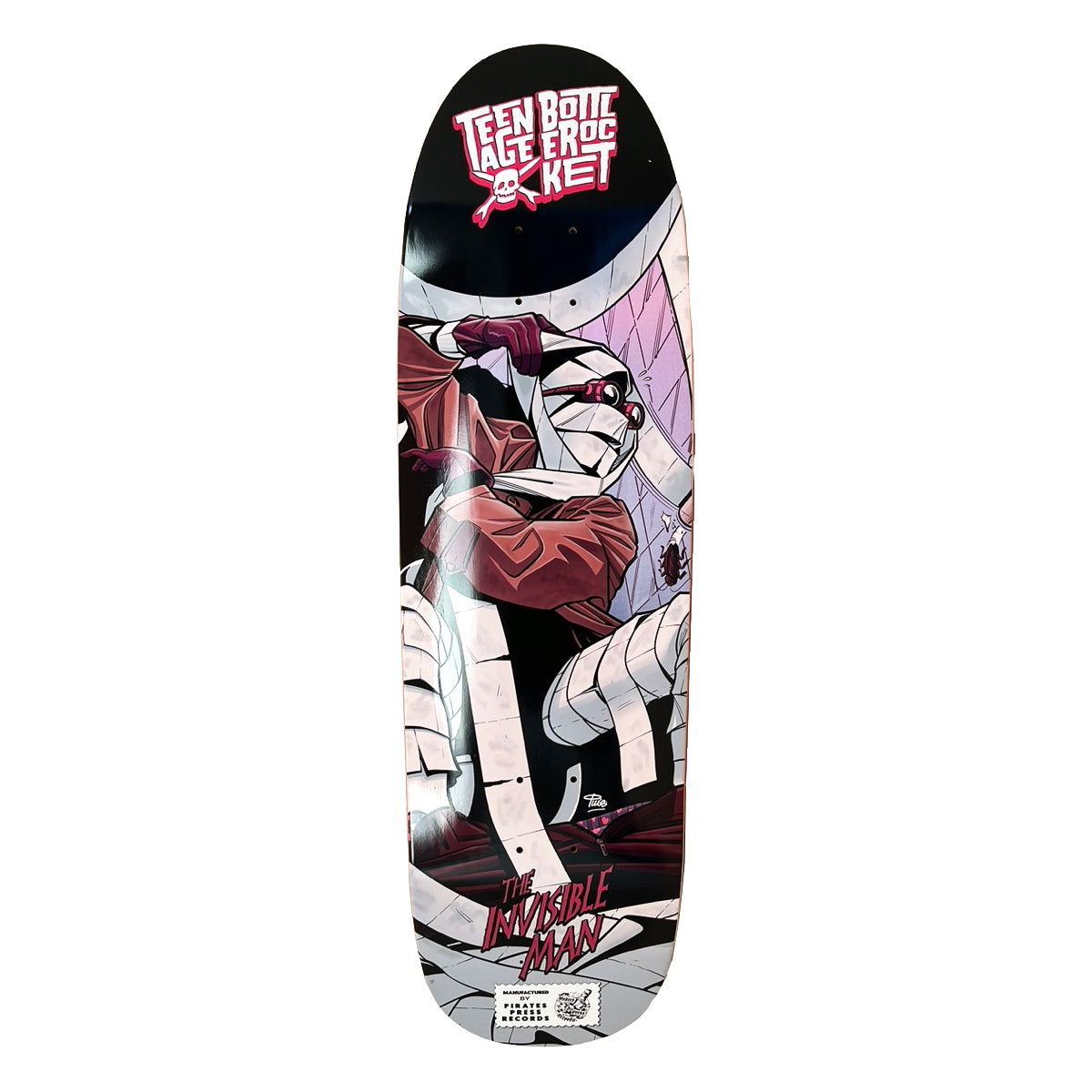 A maple skateboard deck by Teenage Bottlerocket, showcasing Oscar Puig’s comic-style art of a masked, bandaged figure in red swinging on a rope, with “Ten Botic Age Roc Ket” and “The Invisible Man” text.