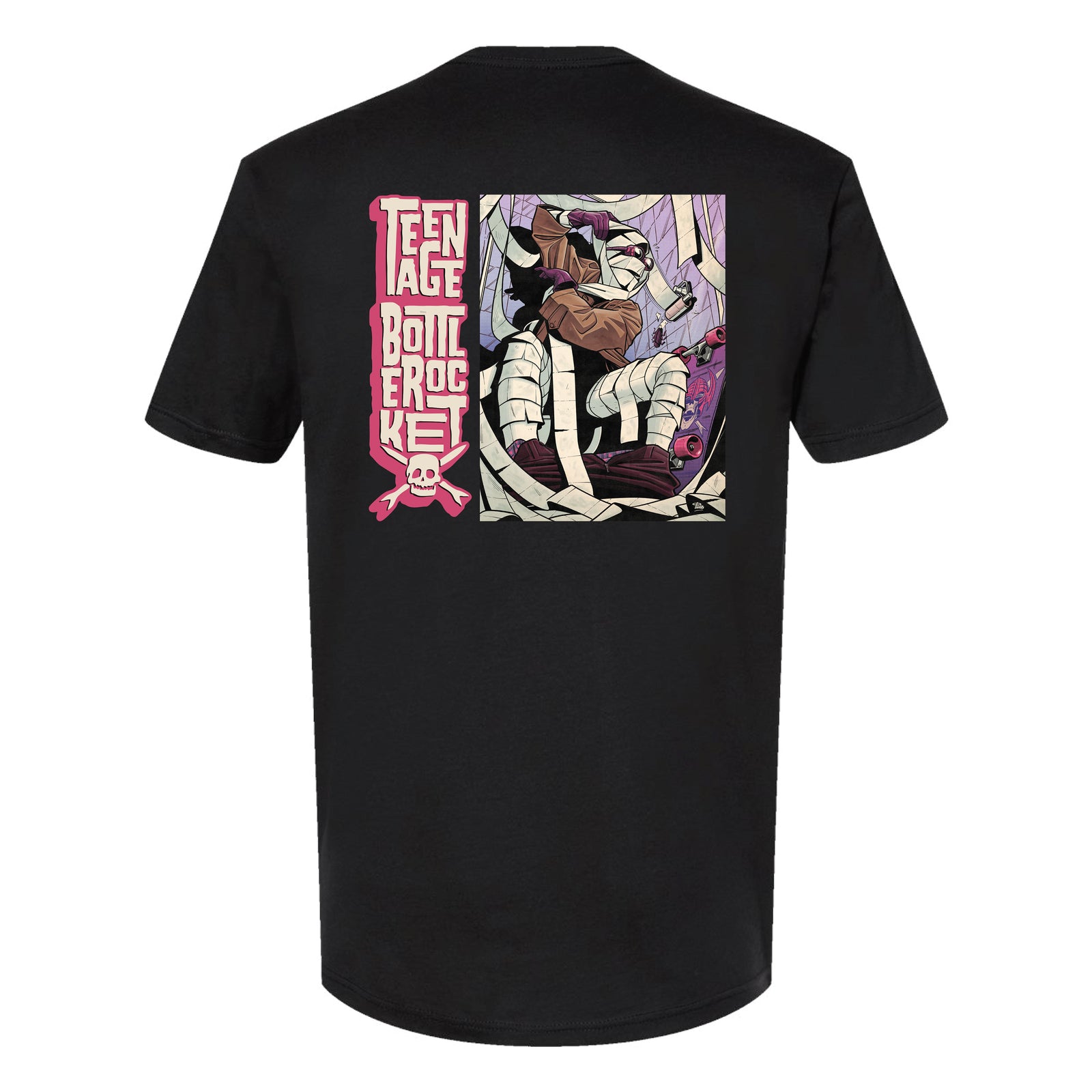 Teenage Bottlerocket t-shirt featuring Oscar Puig’s comic-style mummy on a throne, pink vertical text, and the Skull & Rockets logo below.