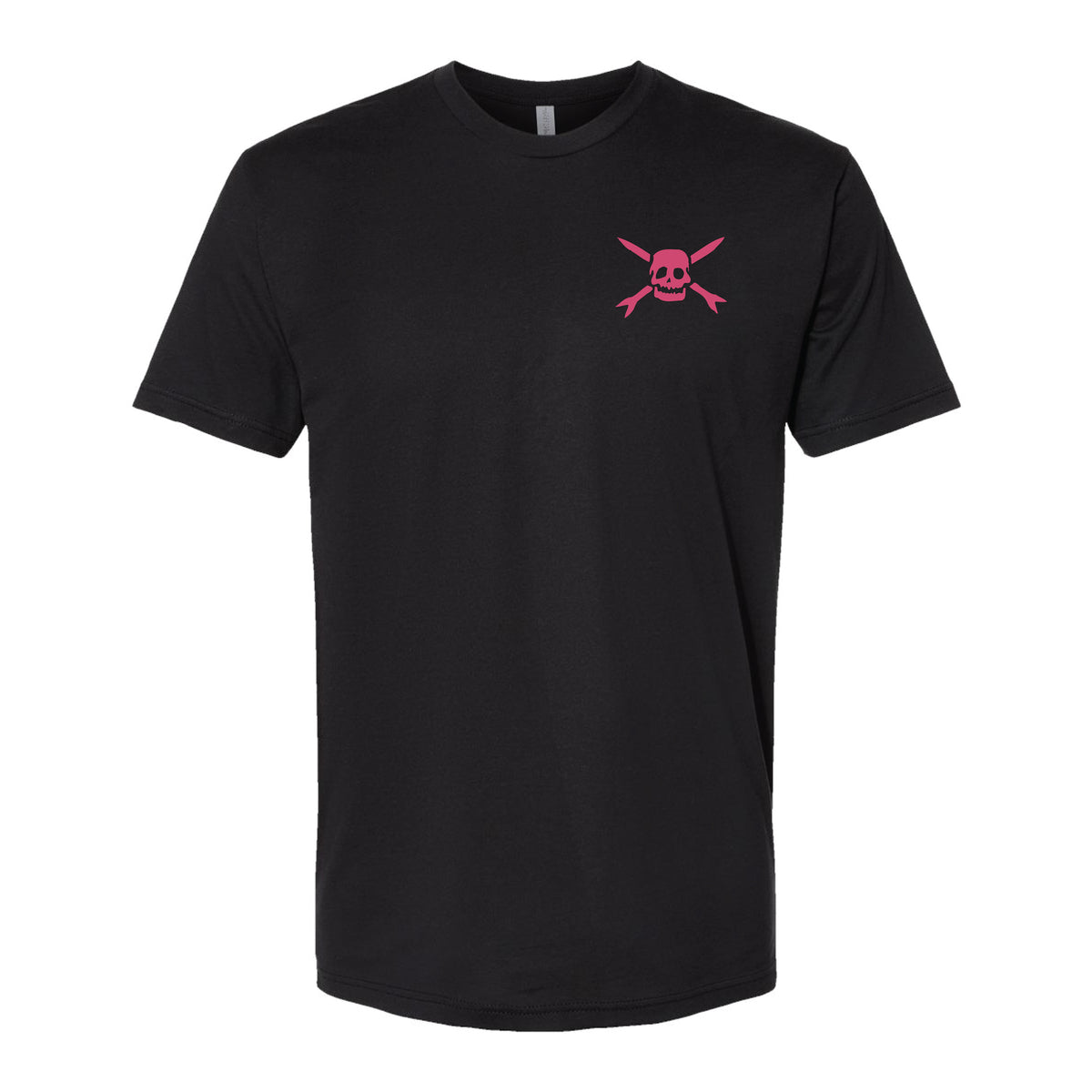 Black t-shirt by Teenage Bottlerocket featuring a small pink Skull &amp; Rockets logo on the left chest, classic crew neck, and short sleeves. Inspired by Oscar Puig artwork for a bold statement.
