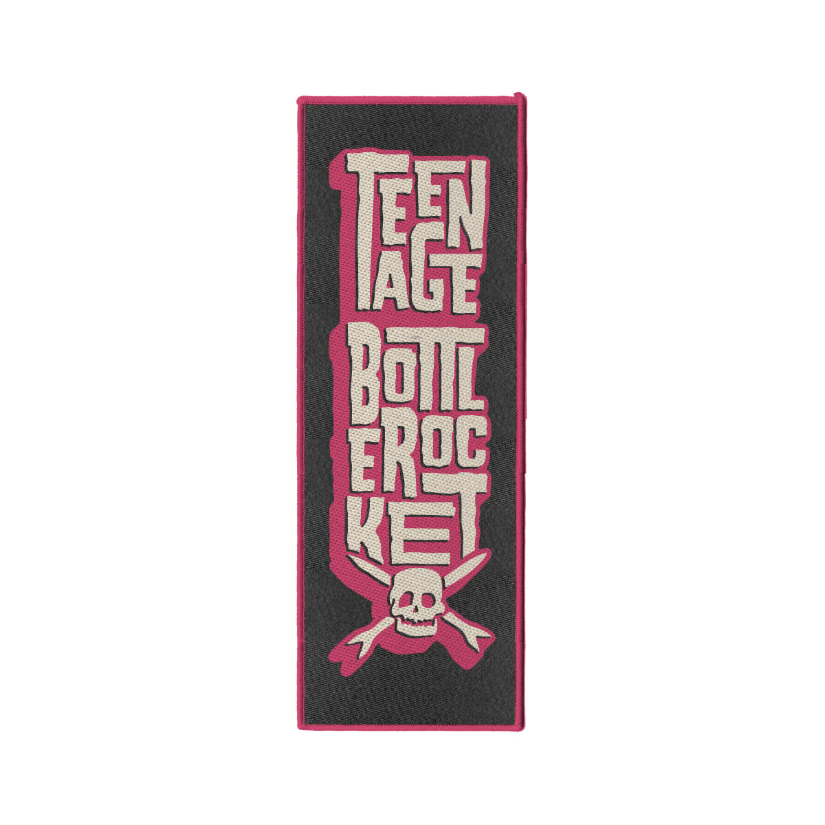 A woven patch for Teenage Bottlerocket displays their name in bold pink and white on a black background, topped with a skull and crossbones and finished with a vibrant pink border.