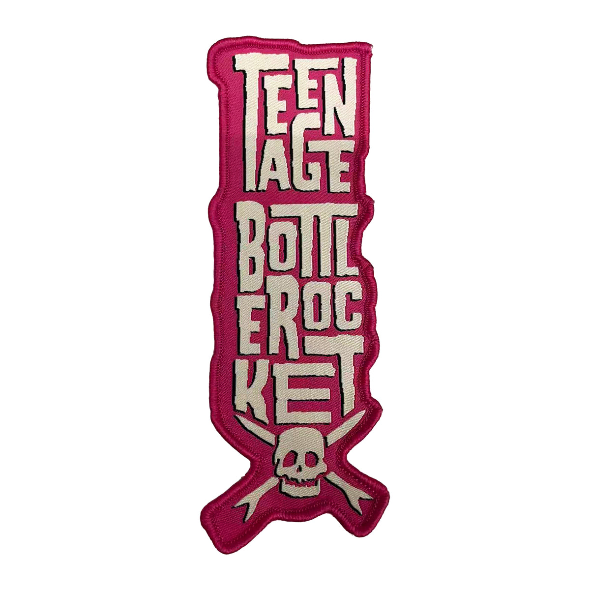 A cartoon bottle-shaped patch for Teenage Bottlerocket features the band’s name stacked vertically in bold, a skull and crossbones at the bottom, and a red outline inspired by the brand's Invisible Man Logo.