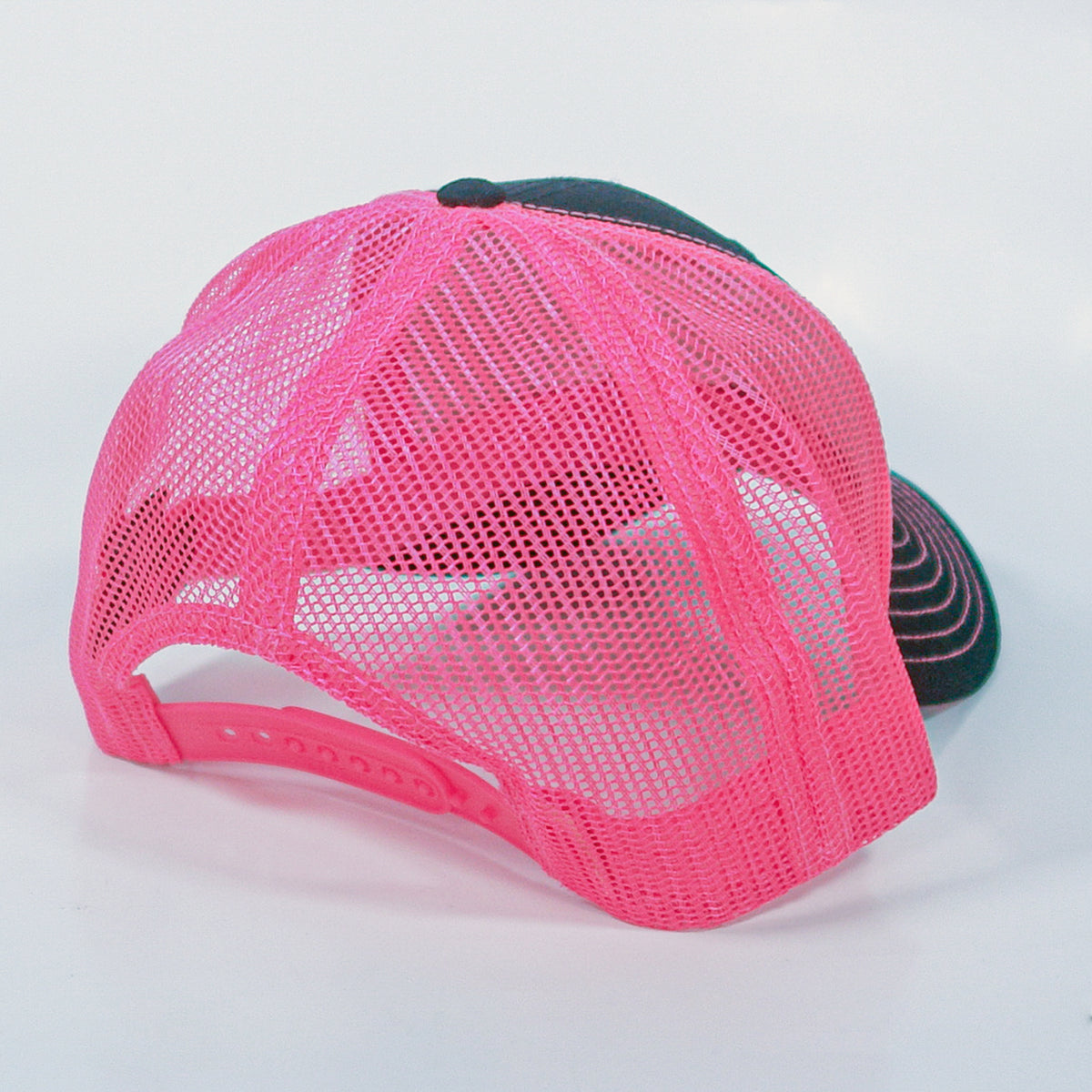 A black and pink Teenage Bottlerocket snapback hat with a bright pink mesh back and adjustable snap closure, shown from the rear on a white background.