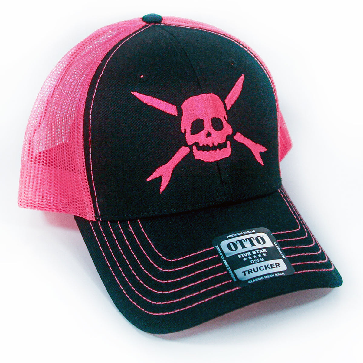 Teenage Bottlerocket snapback hat in black and pink, featuring a pink skull and crossbones graphic, mesh sides and back, plus an OTTO Five Star Trucker label—ideal for fans.