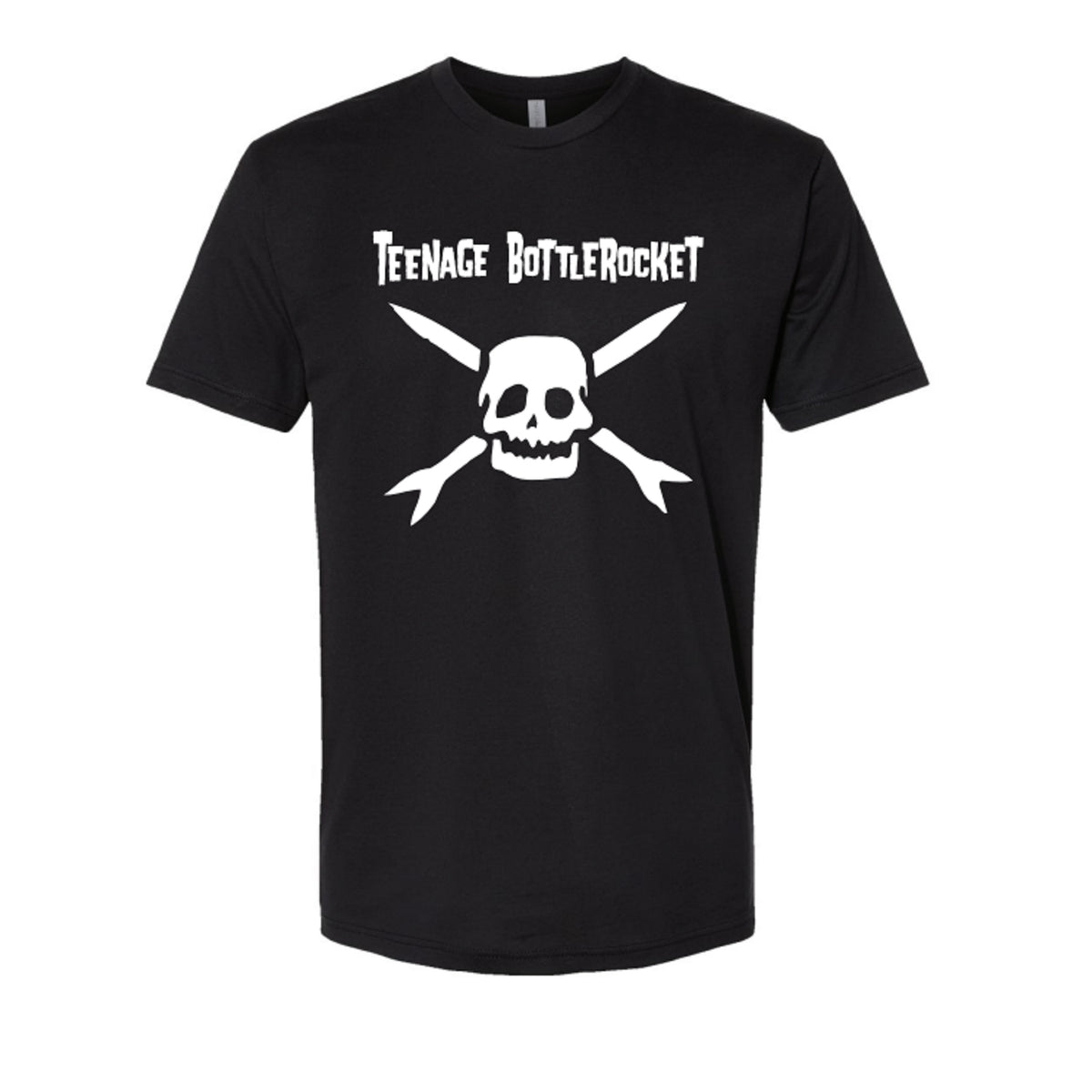 Teenage Bottlerocket Black T-Shirt with the bands name above a white skull and crossbones design—rocket-shaped bones add punk style for any fan.