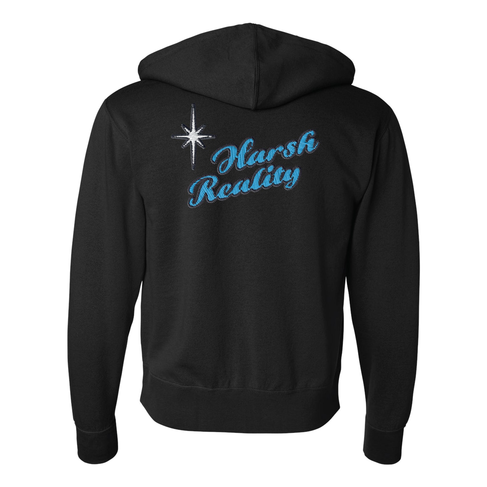 A black zip-up hoodie from The Drowns, featuring “Harsh Reality” in blue script and a white star above the text on the back—ideal for fans.