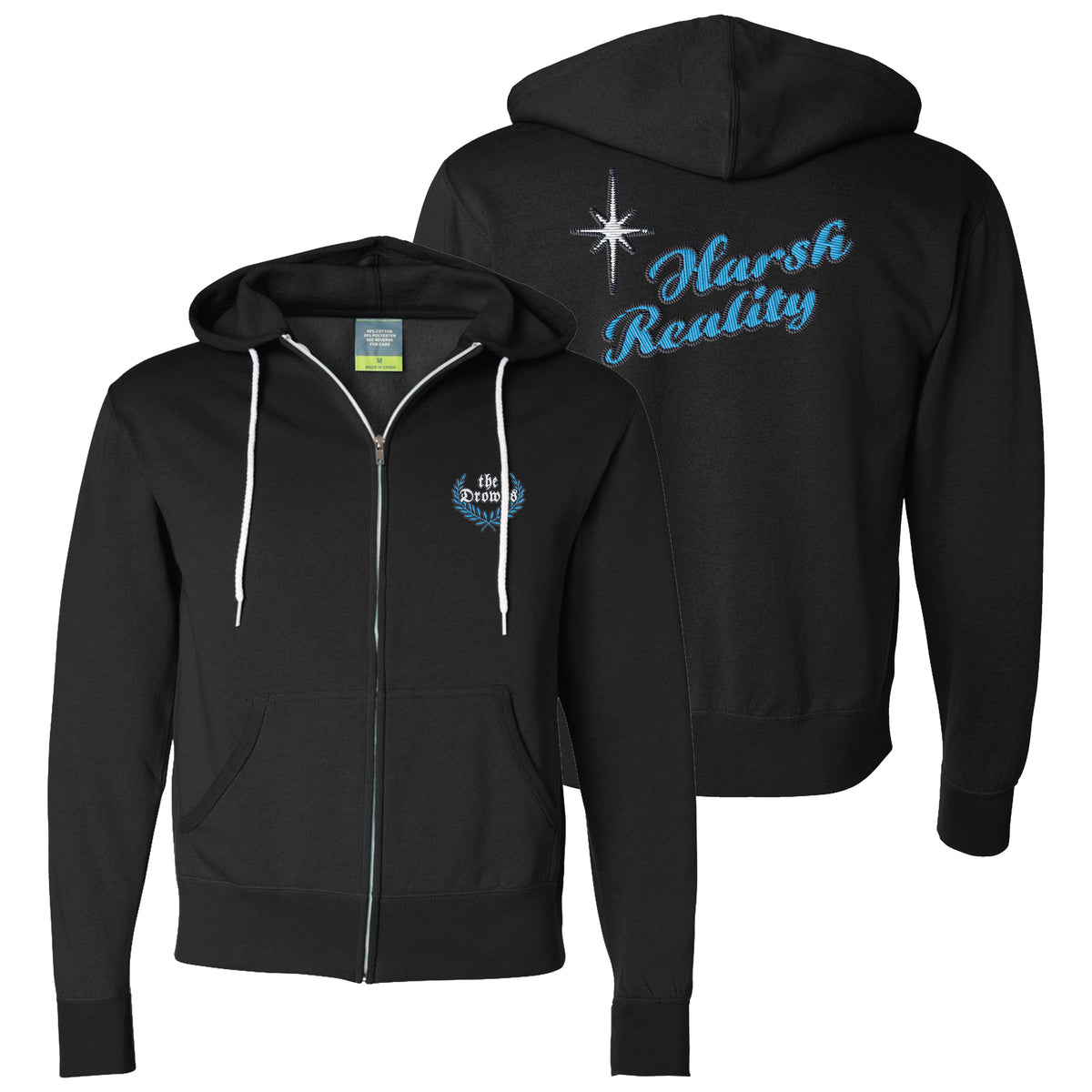 Black zip-up hoodie by The Drowns with white drawstrings, blue and white band logo on the left chest, and a star graphic plus "Harsh Reality" in blue script on the back.