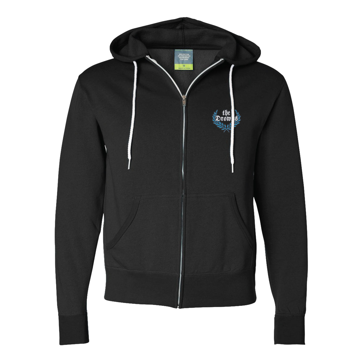 A black zip-up hoodie by The Drowns featuring white drawstrings, front pockets, and a small blue and white crest logo on the left chest—perfect for staying comfortable while facing harsh reality.