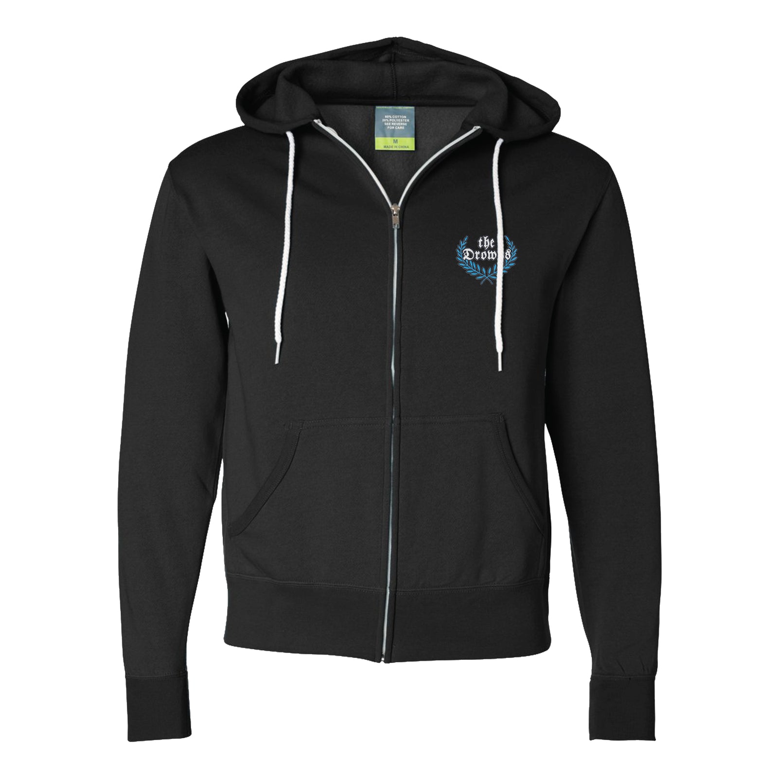 A black zip-up hoodie by The Drowns featuring white drawstrings, front pockets, and a small blue and white crest logo on the left chest—perfect for staying comfortable while facing harsh reality.