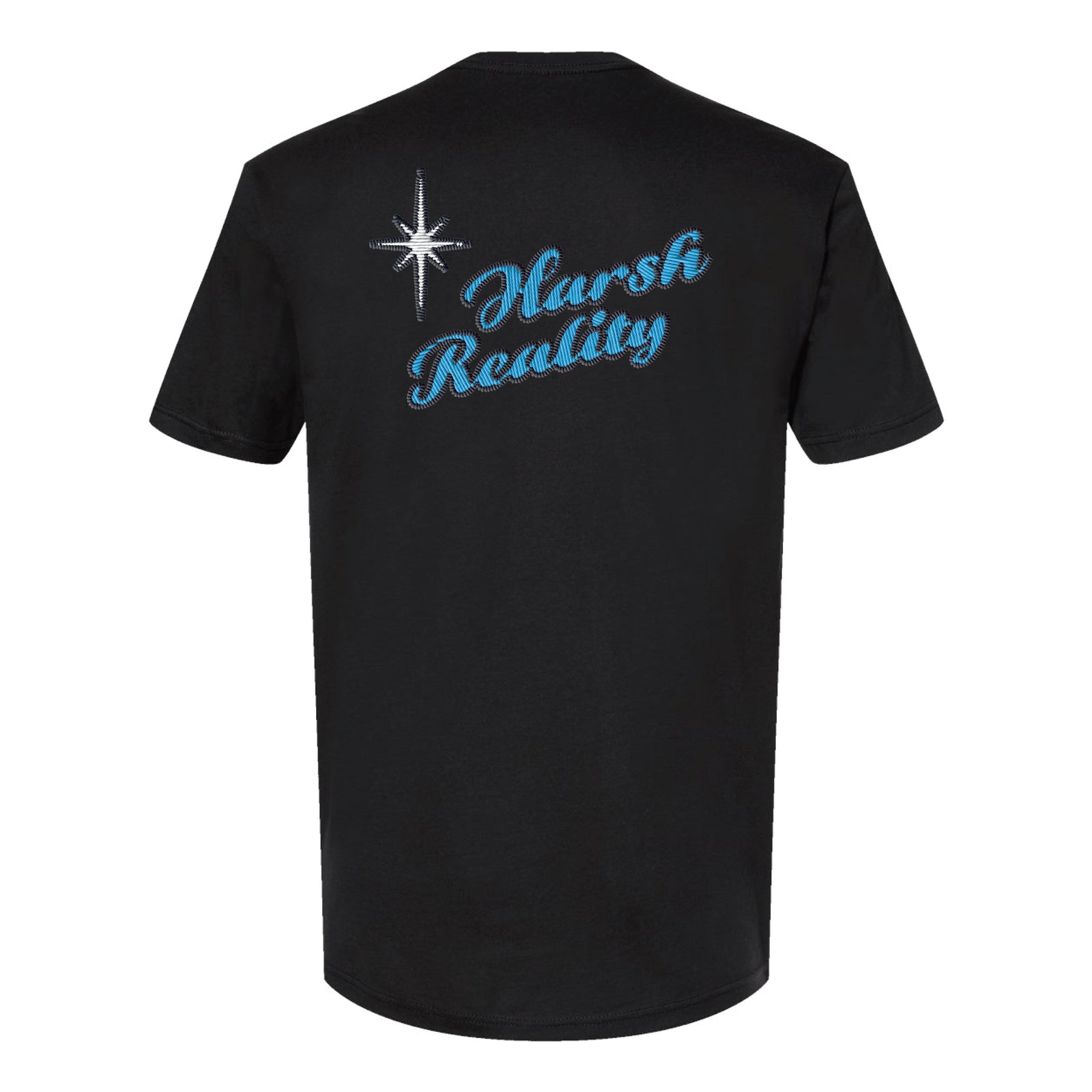 The Drowns black t-shirt, crafted from soft cotton, features “Harsh Reality” in blue cursive and a sparkling star graphic on the back for a bold look.