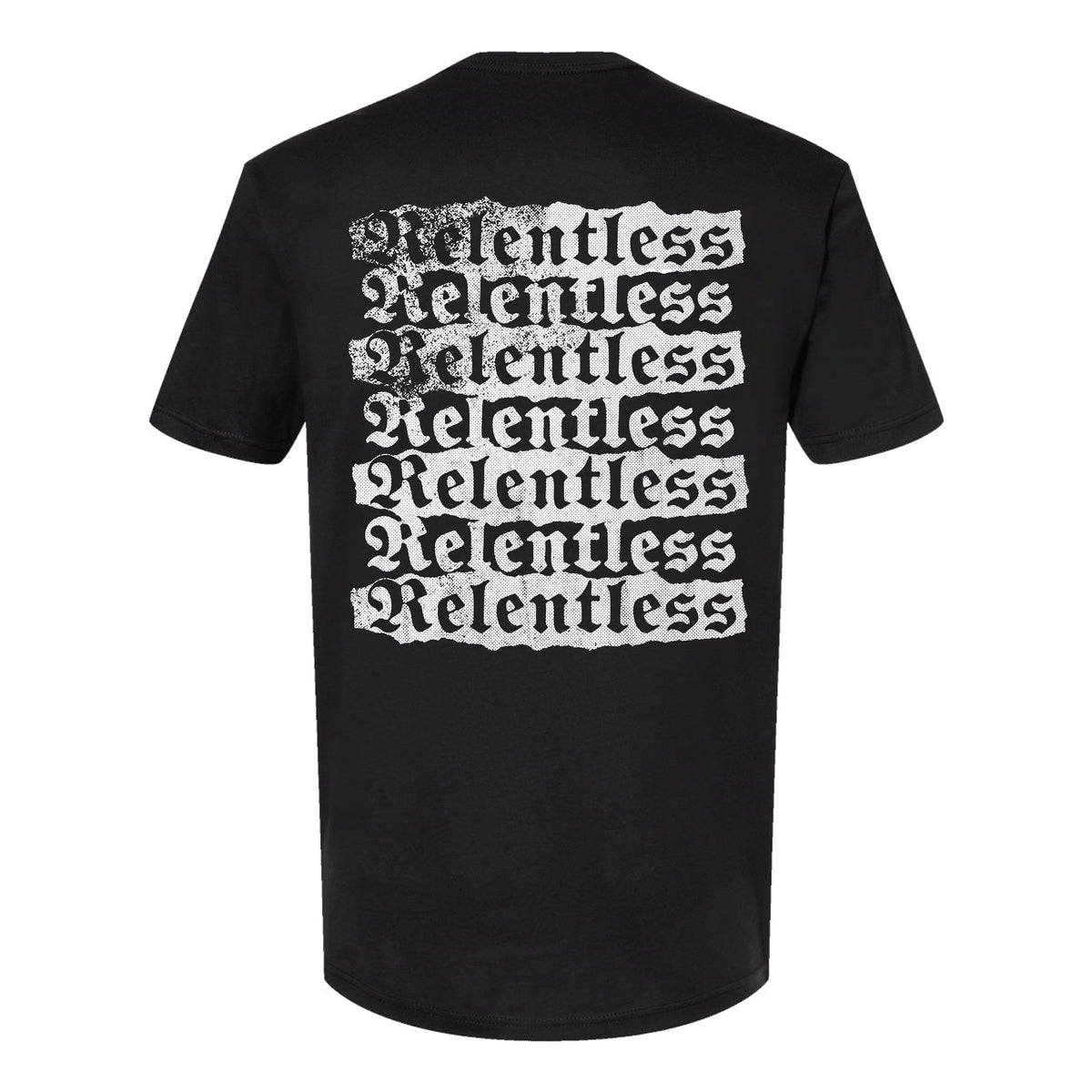 Black The Drowns t-shirt with "Relentless" in bold white Old English font, repeated six times on the back; top row features a distressed look for an edgy, band-inspired style.