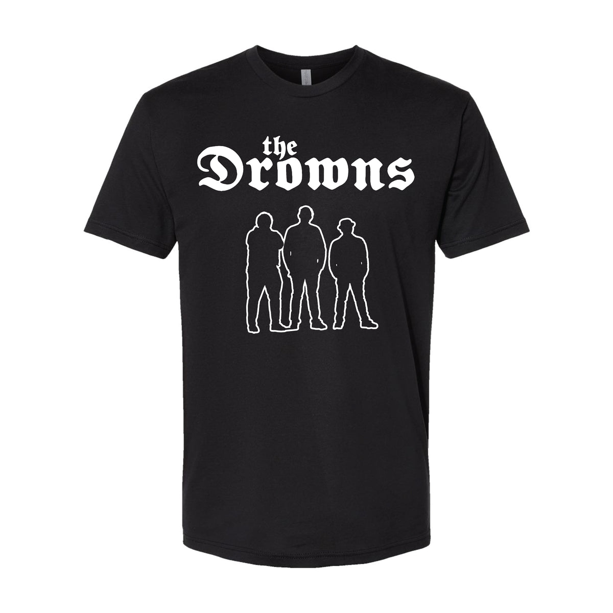 The Drowns black t-shirt with the band’s name in a bold Old English logo above white silhouettes of three people standing side by side.