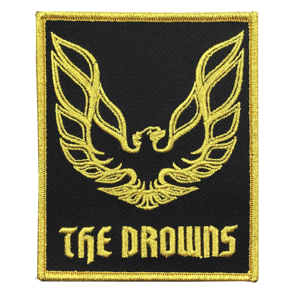 A black embroidered patch by The Drowns featuring a golden-yellow stylized bird with outstretched wings above bold, angular “THE DROWNS” text and finished with a distinctive gold border.